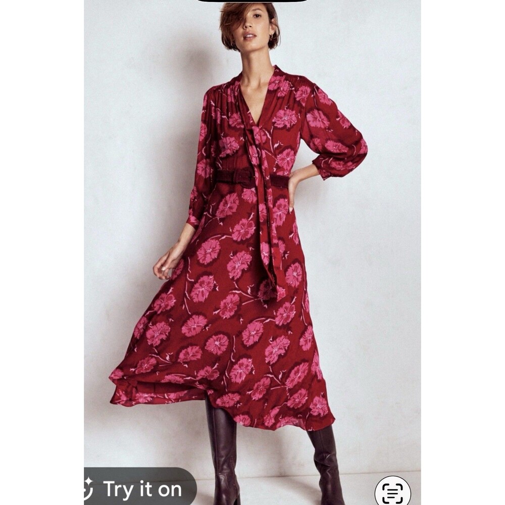 Boden Brooke Tie Neck Tea Dress Cranberry Red Floral silk feel Size 10R Church